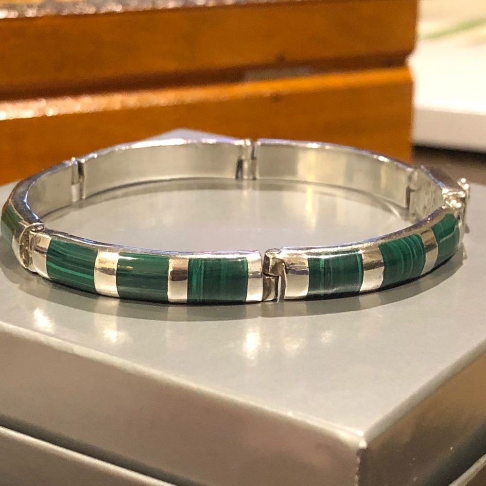 Taxco Green Malachite Inlay Sterling Silver Link Slide Hinge Bracelet 425$